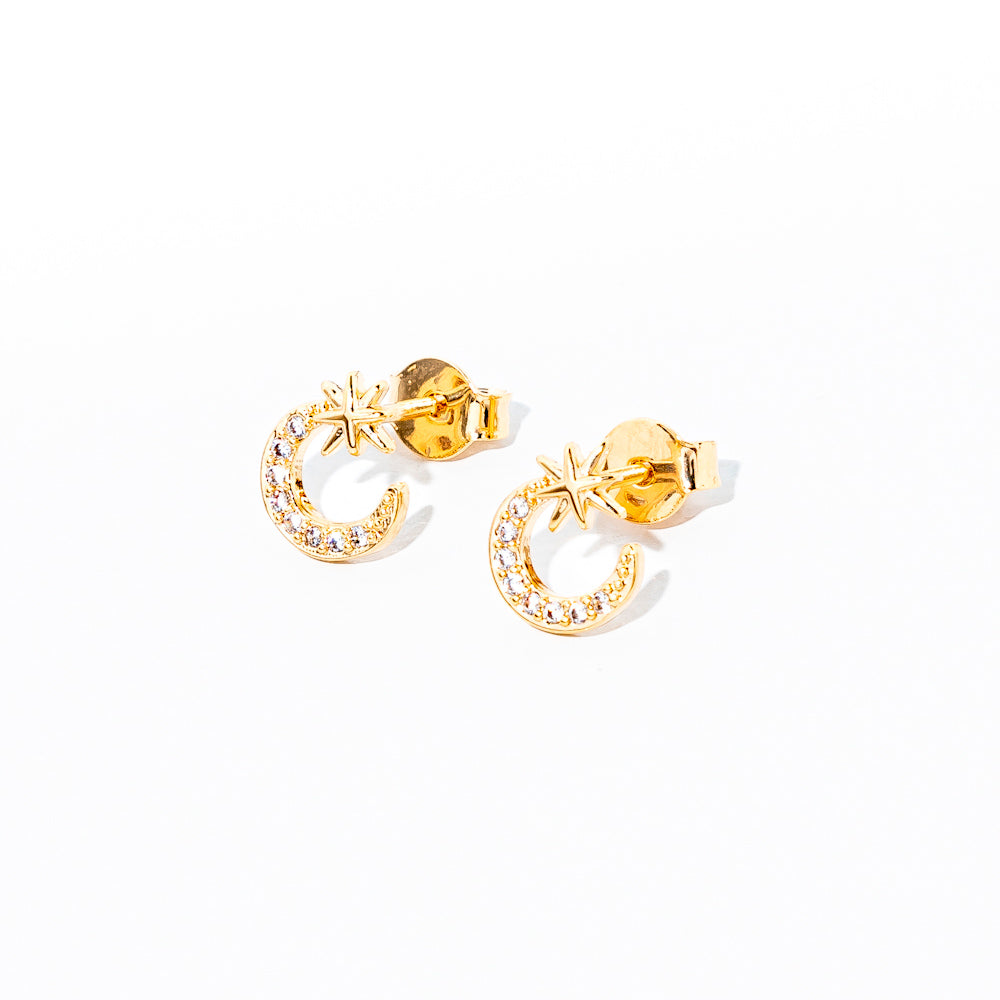 brinco banhado a ouro 18k lua estrela cravejado de mini zircônias P - Hadar
