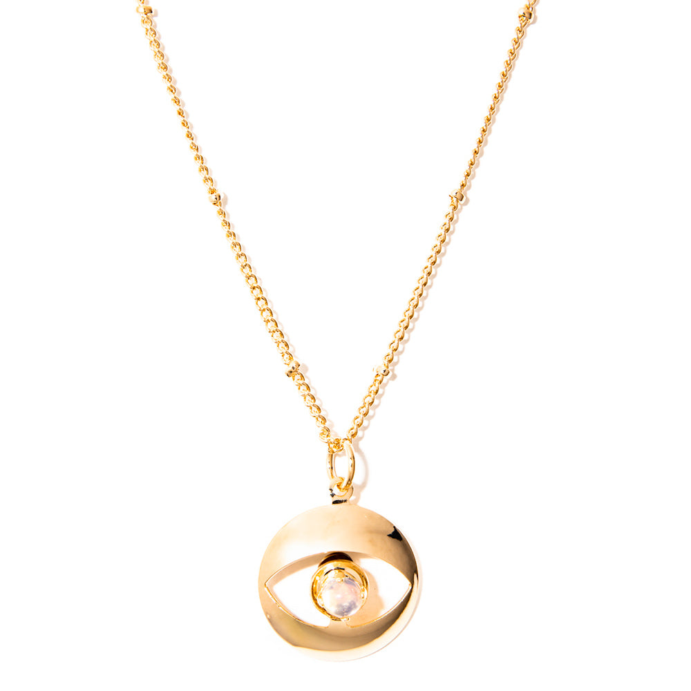 colar banhado a ouro 18k medalha olho e pedra opalina - Nash