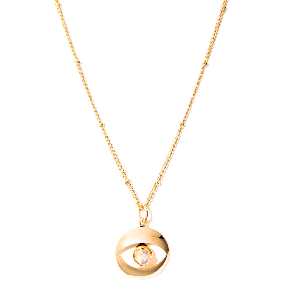 colar banhado a ouro 18k medalha olho e pedra opalina - Nash