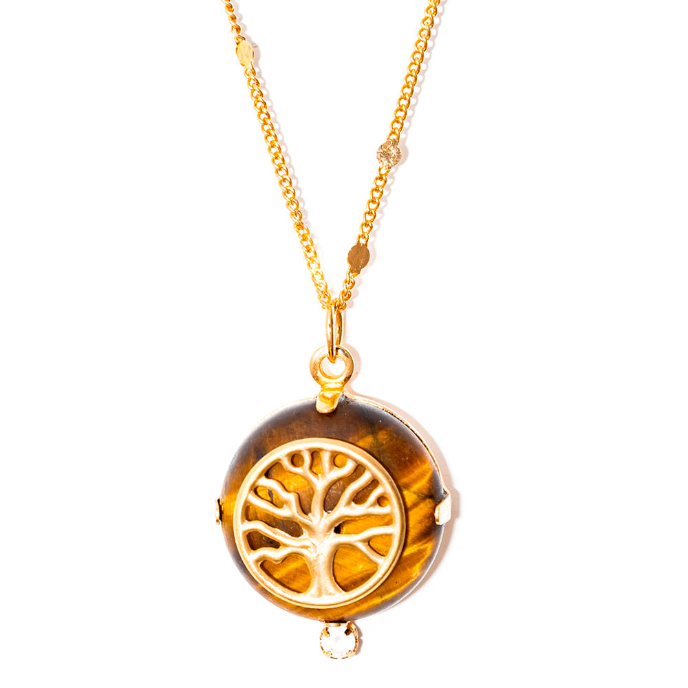 colar banhado a ouro 18k pedra olho de tigre e árvore da vida - Sadr