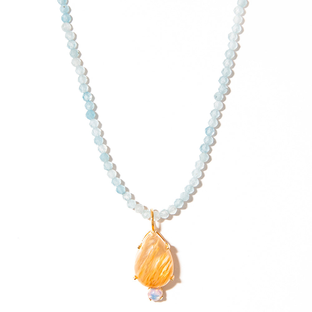 colar banhado a ouro 18k pedras água marinha e gota cristal com pedra opalina - Cosmos