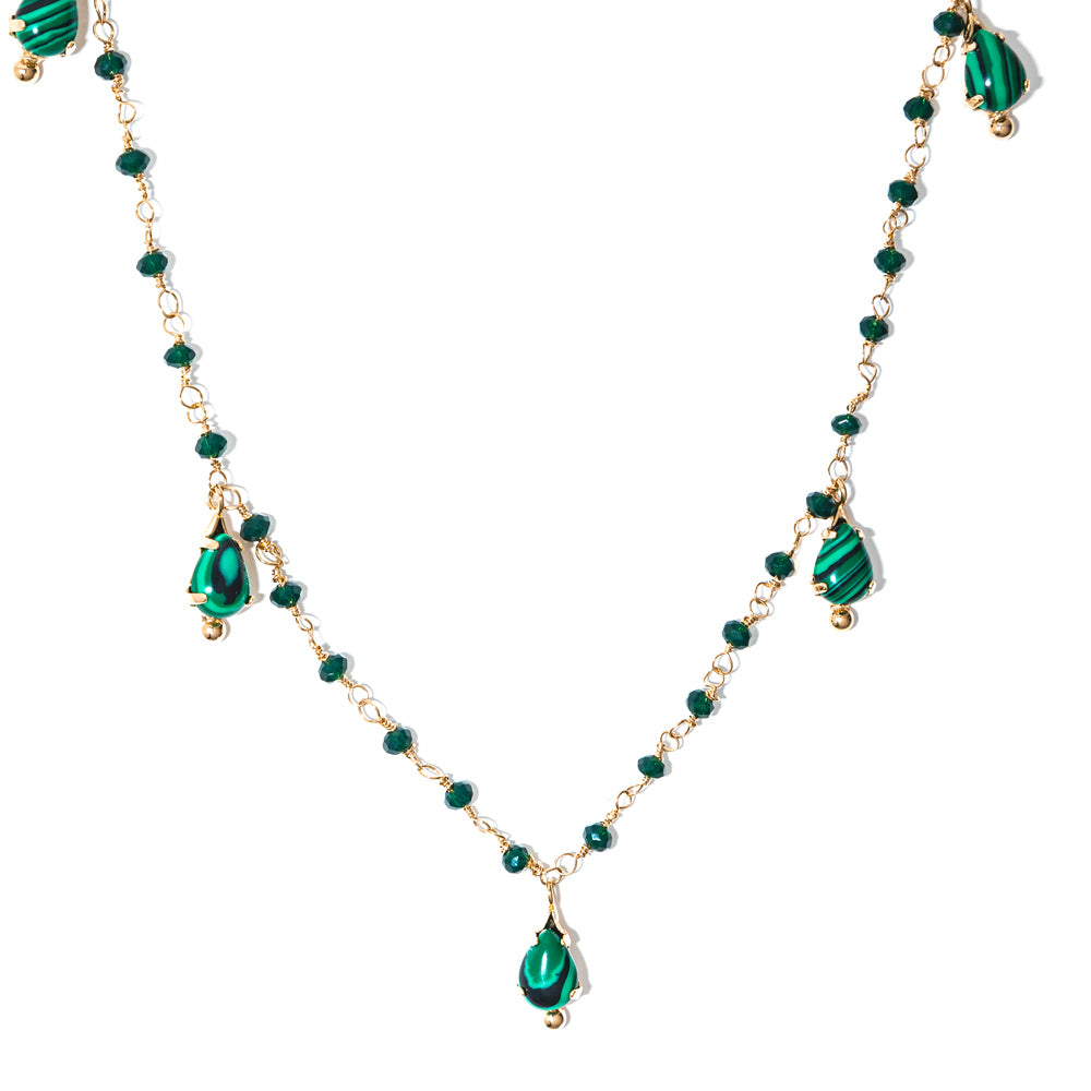 colar banhado a ouro 18k viradinhas pedras e gotinhas malaquita - Luan