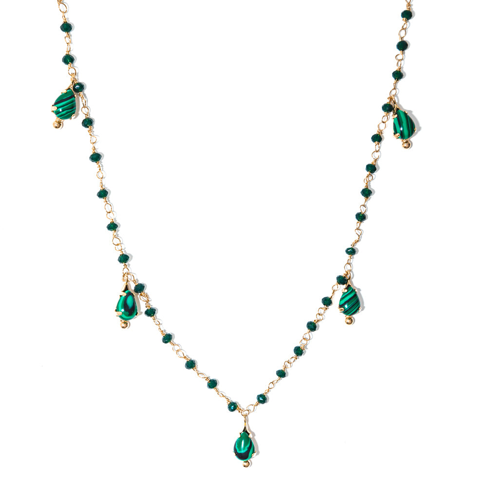 colar banhado a ouro 18k viradinhas pedras e gotinhas malaquita - Luan