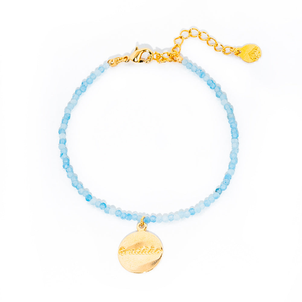 pulseira banhada a ouro 18k água marinha - Desejo Gratidão